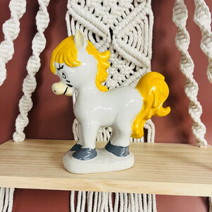 Vintage 1970s Pony Figurine | Cream & Yellow Ceramic Horse | Made in Brazil‎